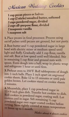 the recipe for mexican wedding cookies is shown in an old - fashioned cookbook style