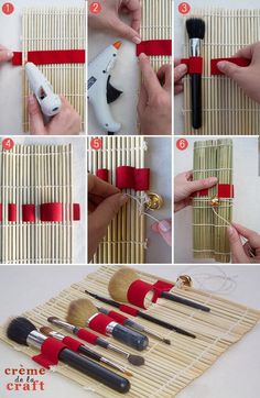 instructions to make a bamboo basket with red ribbon and paintbrushes on the side