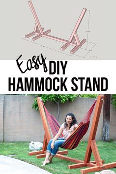 a woman sitting in a hammock stand with text overlay reading easy diy hammock stand