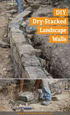 two pictures with the words diy stacked landscape walls in orange and white text overlay