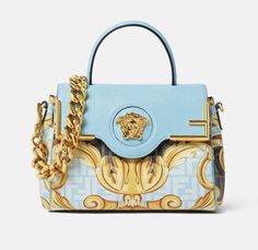 Fendace Fendi X Versace Collaboration La Medusa Turquoise Black Gold Handbag Purse Luxury Turquoise Travel Bags, Luxury Turquoise Top Handle Bag, Luxury Turquoise Evening Bag, Fendi X Versace, Gold Baroque, Small Leather Bag, Medium Handbags, Gold Bag, Gold Handbags