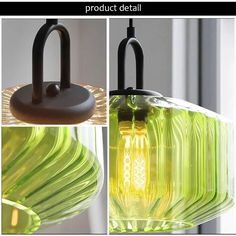 three different views of a green light fixture