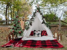 a teepee tent set up in the middle of a field with christmas decorations on it