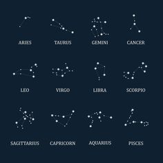 zodiac signs and their names on a dark background with stars in the night sky illustration