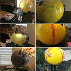 several pictures of different types of balls in various shapes and sizes, including one with a baseball on it