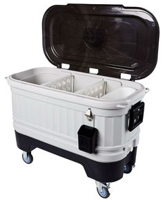 the cooler is on wheels and has an open lid