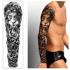 a man with tattoos on his arm next to an image of a lion tattoo design