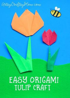 an origami tulip craft with paper flowers and a bee on the side