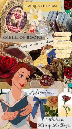 the beauty and the beast character collage is featured in this image, including roses