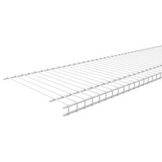 a white shelf with metal bars on it