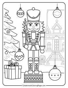 Black and white coloring page featuring a nutcracker soldier standing on a pedestal, surrounded by Christmas decorations including ornaments, a gift box, and a decorated tree, with a festive house in the background. Nutcracker Preschool Craft, Nutcracker Story