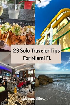 Photo collage of Miami things to do, with street food, Art Deco Architecture, a charming restaurant, and Miami Beach on a clear sunny day Beach Boardwalk, Sunset Cruise, Solo Female Travel, Long Periods