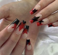 Red And Black Nail, Soft Nails, Black Nail, Star Nails