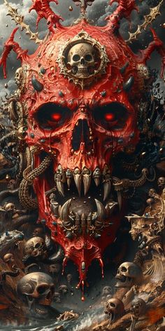 a red skull surrounded by skulls and other demonic creatures