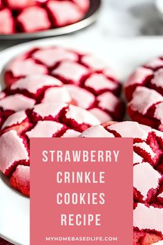 strawberry crinkle cookies on a white plate with pink icing and text overlay that reads, strawberry crinkle cookies recipe