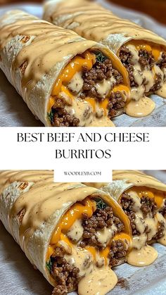 beef and cheese burritos with sauce on top