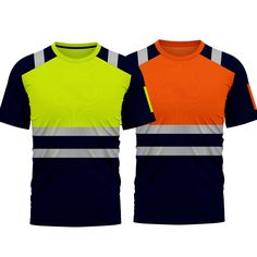 two men's shirts with reflective stripes on the front and back, both in orange and blue