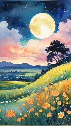 a painting of a field with flowers and trees under a full moon