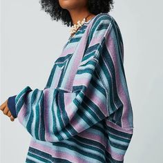 So Effortlessly Essential, This Staple Sweatshirt Is Featured In A Beachy, Relaxed Fit And Classic Striped Design With Raw Seaming, Dropped Shoulders, And Lower Back Hem For Added Shape. Relaxed, Oversized Fit Oversized Striped Long Sleeve Sweatshirt, Striped Relaxed Fit Long Sleeve Outerwear, Striped Long Sleeve Outerwear With Relaxed Fit, Striped Long Sleeve Sweater For Loungewear, Multicolor Relaxed Fit Sweater With Ribbed Cuffs, Oversized Long Sleeve Purple Hoodie, Oversized Purple Hoodie With Long Sleeves, Oversized Purple Long Sleeve Hoodie, Oversized Long Sleeve Purple Top