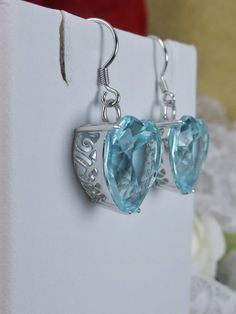 Sky Blue Aquamarine Earrings, Heart Earrings, Sterling Silver Filigree Jewelry, Vintage Jewelry, Silver Embrace Jewelry Art Nouveau Earring, Victorian Revival, Earrings Art, Aquamarine Earrings, Gems Art, Earrings Heart, Art Nouveau Jewelry, Heart Gemstone, Sterling Silver Filigree