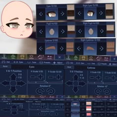 a computer screen showing the interface for an animated character's face and various facial expressions