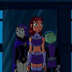 three cartoon characters are standing in front of a window and one is wearing a purple outfit