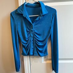 Blue Long Sleeve Button Down Fashion Top - Super Stretchy - Cinch - Collared Shirt - Long Sleeve - Nwot Blue Stretch Tops With Button Closure, Button Down Fashion, Fashion Top, Shein Tops, Collared Shirt, Blue Long Sleeve, Long Shirt, Beautiful Outfits, Button Downs