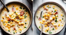 two bowls filled with soup next to each other