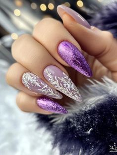 Ski Nails Art, Purple Winter Nail Ideas, Purple Winter Nail Designs, Purple Nails Winter, Purple Christmas Nail Designs, January Birthday Nails, Glitter Winter Nails, Purple Winter Nails, Best Winter Nails