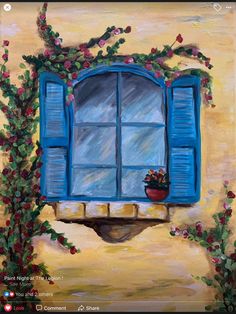 a painting of a window with blue shutters and potted plants on the ledge