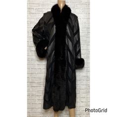 Pre Owned Vintage Philippe Vallereuil Black Coat. No Size Tag, See Measurements To Ensure Fit. Chevron Soft Leather And Suede Panels, Fur Trim (Unknown Animal). Concealed Hook Closures, Long Length. Lined. On Seam Pockets. Incredible Vintage Condition. Bust Lying Flat-24” Length- 44” Brown Leather Fur Coat With Faux Fur Trim, Vintage Leather Fur Coat, Black Leather Fur Coat With Faux Fur Trim, Vintage Shearling Fur Coat With Faux Fur Trim, Long-sleeved Faux Fur Coat With Fur Trim, Size Tag, Fur Trim, Long Coat, Black Coat