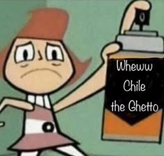 a cartoon character holding up a bottle with the words whew chile on it