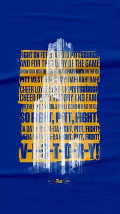 a blue and yellow poster with words on it