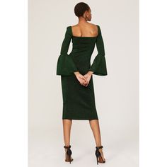 Green knit (45% Polyamide, 42% Viscose, 13% Metallized Fiber). Hourglass. Long sleeves. Sweetheart. Pull on. 51.5" from shoulder to hemline. Imported. Winter Green Ribbed Midi Dress, Chic Green Knitted Dress, Green Stretch Midi-length Dress, Self Portrait Green Dress, Green Ribbed Long Sleeve Midi Dress, Tulip Sleeve, Holiday Party Dresses, Knit Midi, Knit Midi Dress