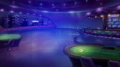 a casino room filled with lots of green and purple chairs next to a pool table