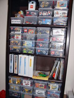 a book shelf filled with lots of toys