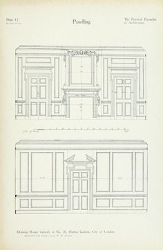 two drawings of the front and back of a building with doors, windows, and doorways