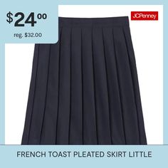 This knee-length pleated skirt from French Toast's big girl collection looks great for any school day or to dress up an outfit. It's made from a soft woven fabric with wrinkle-resistant properties to keep her style sharp, an adjustable waistband, and a concealed side zip closure. Wear it with a polo in class and a t-shirt and sneakers after-school.Front Style: Pleated FrontFeatures: Wrinkle ResistantClosure Type: Button & ZipperClosure Location: Left SideRise: At WaistApparel Length: 14 InchesF… Pleated Skirt Blue, Skirts Pleated, Pleated Skirts, Adjustable Waistband, Big Girl, Big Kid, Her Style, Pleated Skirt, Side Zip