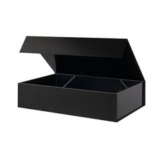 an open black box with the lid closed and two compartments on one side, sitting in front of a white background