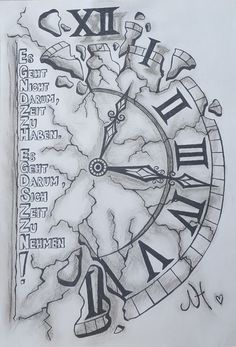 a drawing of a clock with roman numerals on the face and numbers around it