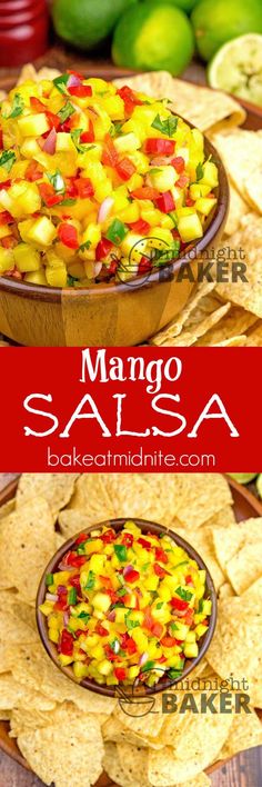 mango salsa in a wooden bowl surrounded by tortilla chips