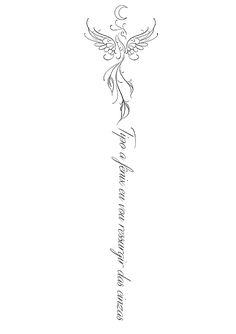 the back side of a tattoo design with an angel on it's arm and words below