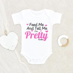 Personalized Baby Girl Onesie - Feed Me and Tell Me I'm Pretty - Tell Me I'm Pretty Onesie - Baby Girl Onesie - Baby Shower Gift - Funny Onesie - Newborn Onesie HOW TO ORDER:1) Choose onesie2) Select design color if applicable3) Enter customization in “Add your personalization” field4) ADD TO CART5) Select from our shipping class optionsONESIE SIZES0-3 Months :: 21-24 in. / 6-12 Ibs.3-6 Months :: 24-26 in. / 12-16 Ibs.6-9 Months :: 26-28 in. / 16-20 Ibs.12 Months :: 28-30 in. / 20-24 Ibs.PERSONA