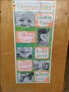 a classroom bulletin board with pictures of children's faces and words on it that say, listening eyes, listening ears, gentle hands, walking feet