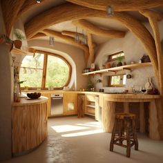 an interior view of a hobbot house with wooden beams and shelves on the ceiling