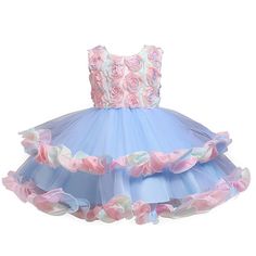 Super Fairy Tulle Dress Is Made Of Cotton Polyester Blending And Soft Net Yarn Fabric, Which Makes Baby Girls Feels Super Breathable And Skin Comfortable. This Dress Contains 2 Layers Tulle, 2 Layers Soft Lining, And 1 Layer Netting Attached On The Innermost Fabric Adds To A Fuller Look. This Baby Girls Sleeveless Evening Dress, Elegant And Gorgeous Design, Mesh Spliced Bodies With Soft Lining, It Will Make Your Girl Beautiful And Look Like A Princess. This Lace 3d Flower Girl Dress Is Design O- Pink Playful Princess Dress With Ruffles, Light Blue Princess Dress With Ruffles, Light Blue Tulle Princess Dress With Ruffles, Cute Light Blue Princess Dress With Ruffles, Playful Pink Tulle Princess Dress, Cute Blue Tutu Dress For Dress-up, Playful Blue Princess Dress For Summer, Princess Style Blue Tutu Dress For Spring, Spring Princess Style Blue Tutu Dress