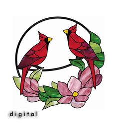 two red birds sitting on top of a flower in a circular stained glass window with the word digital