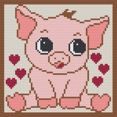 a pink pig with hearts on it's chest and eyes, sitting in front of a