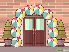 an entrance to a brick building with large balloons on it