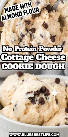 two pictures showing how to make chocolate chip cookie dough with almond flour and no protein powder